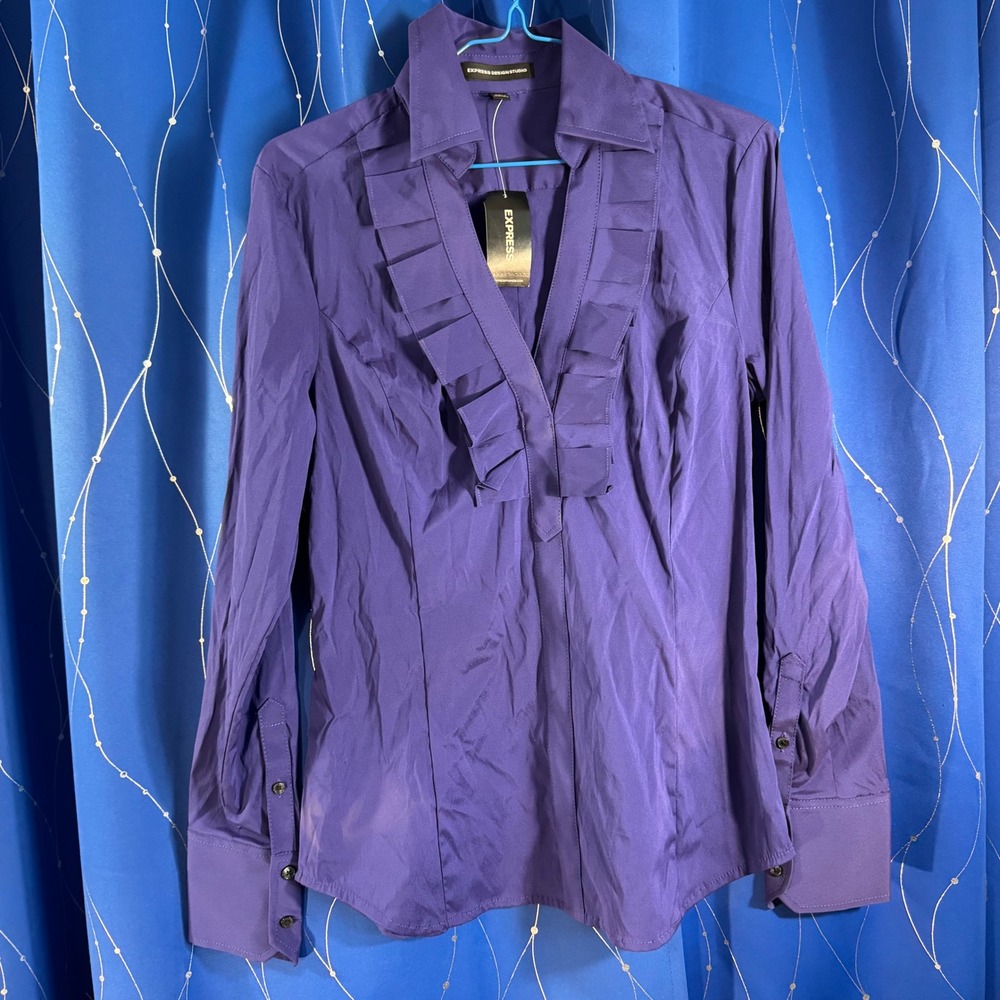 Express Design Studio Purple Ruffle Front Button Up Shirt Blouse Women Size S